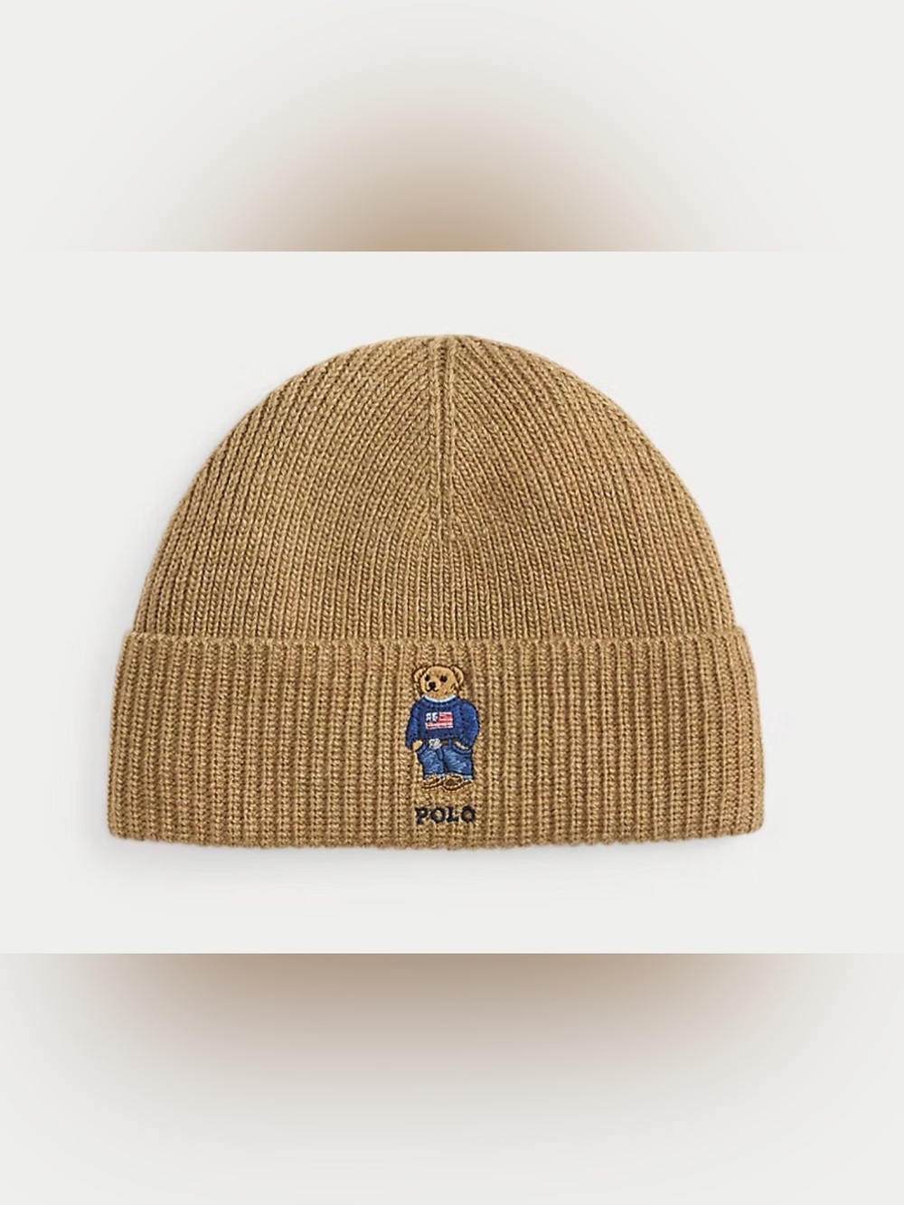 NWT Polo Ralph Lauren Camel Tan FLAG SWEATER BEAR Ribbed Knit Beanie Cap Hat